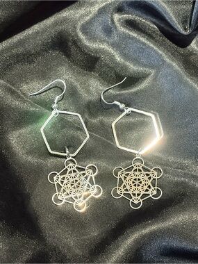 Silver METATRON Hexagon Drop Earrings with Sacred Geometry Charm